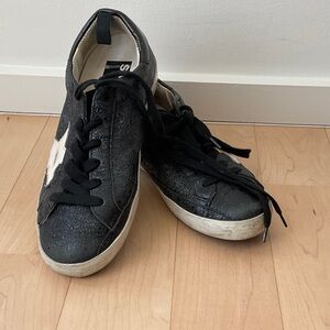 Golden Goose Black Leather Sneakers with White Star Accent